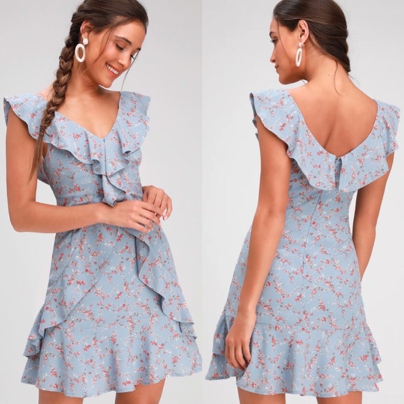 Lulus Dresses & Skirts - Lulus Radiant Rosa Light Blue Floral Print Ruffled Mini Dress